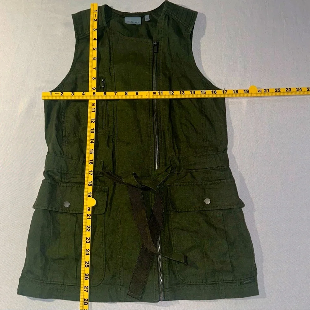 Athleta Linen Vest Top Army Green XS Zip Up Tie Waist Pockets Military Biker - Picture 8 of 8